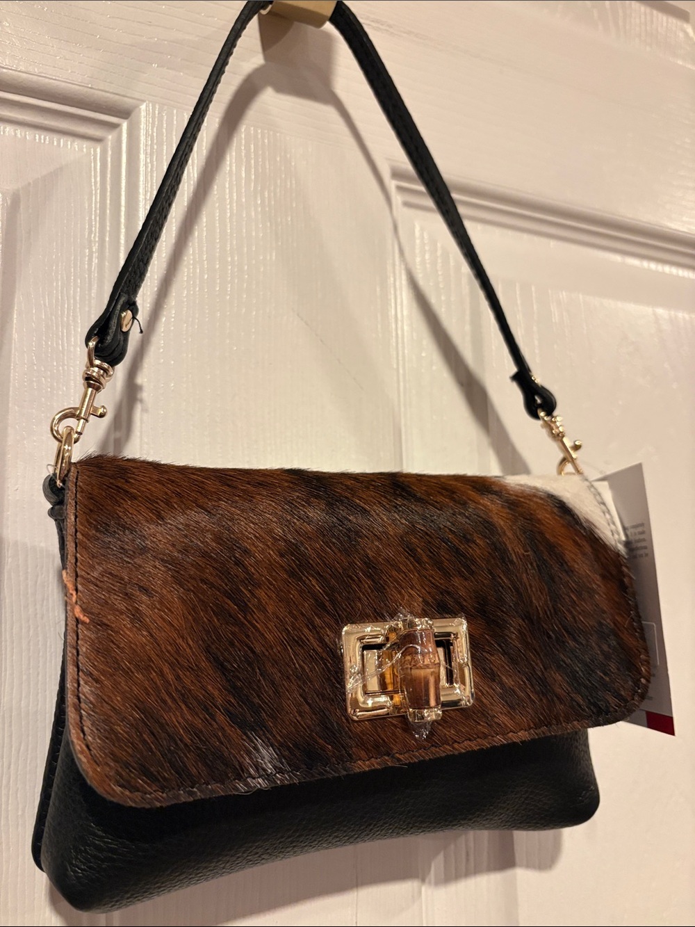 BNWT ISADORA Brown Haircalf and Black Leather Mini Shoulder Bag